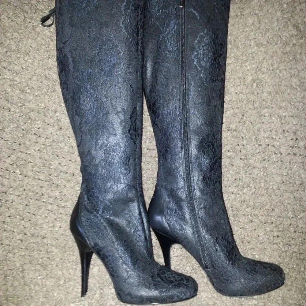 MARCIANO-Black Lace Overlay-Black Leather-Stiletto Boots-Size 5.5-Near Mint - Picture 3 of 7